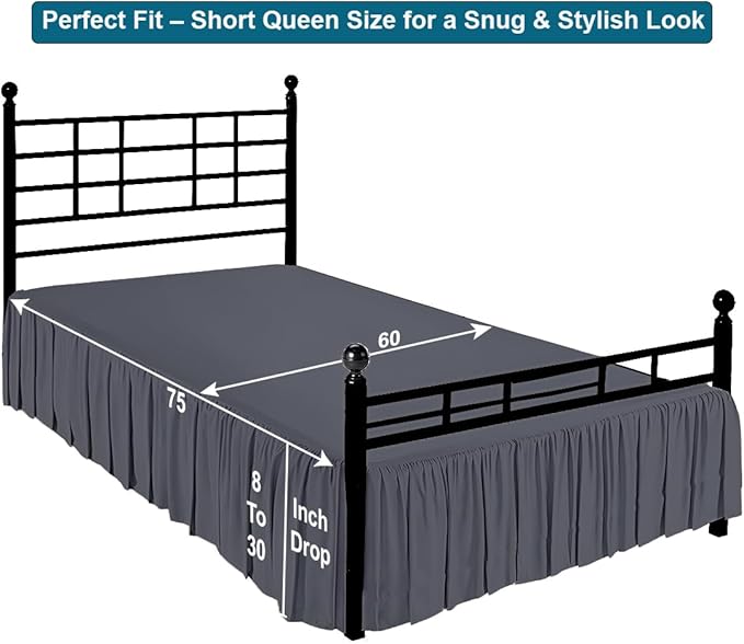 Shreem Linen Ruffled Bed Skirt with Split Corners, Gathered Style, 100% Microfiber, 28-Inch Drop, Dust Ruffle Bedskirt with Platform, Short Queen, Dark Grey