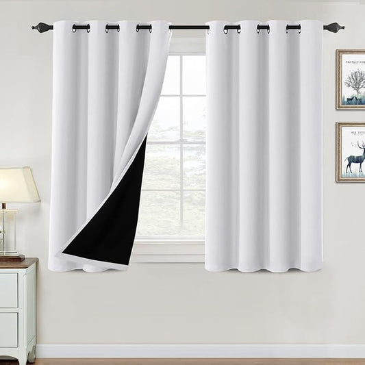 H.VERSAILTEX 100% Blackout Curtains for Bedroom Thermal Insulated Blackout Curtains 45 inch Length Full Light Blocking Curtains for Living Room with Black Liner 2 Panels, Pure White