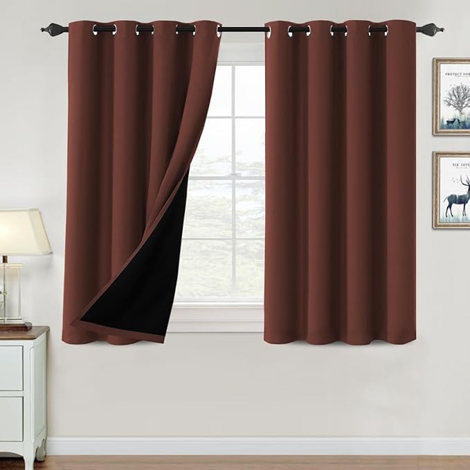 H.VERSAILTEX 100% Blackout Curtains for Bedroom Thermal Insulated Blackout Curtains 45 inch Length Full Light Blocking Window Drapes for Living Room with Black Liner 2 Panels, Rust