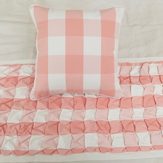 The HomeCentric King/Queen/Twin Peach Pink Decorative Full 68"x18" Bed Runner with 2 Pillow Cover, Textured & Buffalo Checks Bed Scarf on Cotton Fabric - Buffalo Plaid Peach