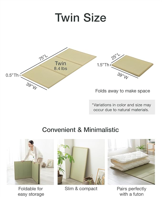 FULI Japanese Tatami Mattress, Tatami Rug, Igusa Mat (Japanese Rush Grass) Folds in Three, Made in Japan (Natural, Twin)