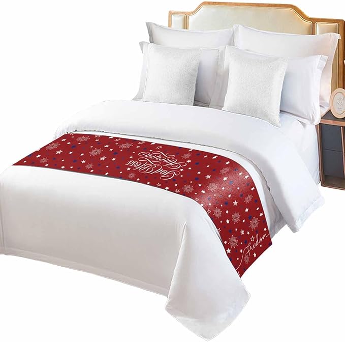 Independence Day Blue White Star Bed Runners for Bedroom Hotel,Decorative Bedding Scarf Freedom Celebration on Red Bed End Blanket Bedding Runner Scarves for Queen Size Bed,94x20in