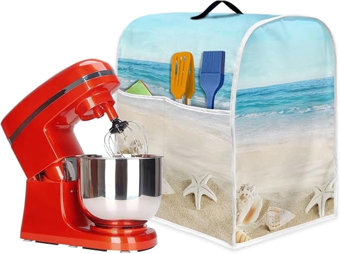 Fashion Mixer Covers Beach Print Indoor Kitchen Decorations, Polyester Dustproof Cover with Pockets for Stand Mixer, Compatible with Stand Mixer, S(4.5-5 qt)