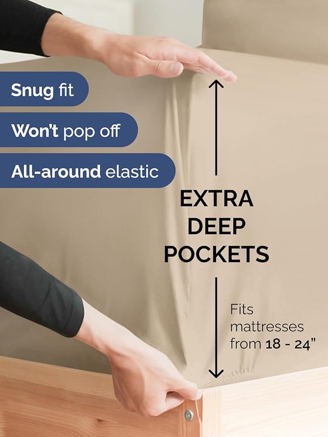 Extra Deep King Fitted Sheet - Hotel Luxury Single Fitted Sheet Only - Easily Fits 18 inch to 24 inch Mattress - Ultra Soft, Wrinkle Free w/Extra Deep Pockets - Easy-Care, Breathable & Comfy - Cream