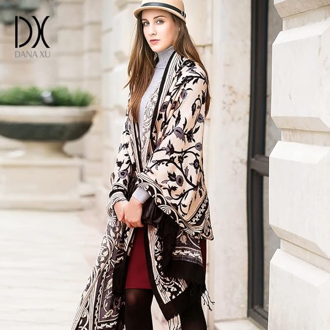 DANA XU 100% Merino Wool Extra Large Pashmina Blanket Travel Scarf Cashmere Wrap for Women Fall Winter Oversize Shawl Floral