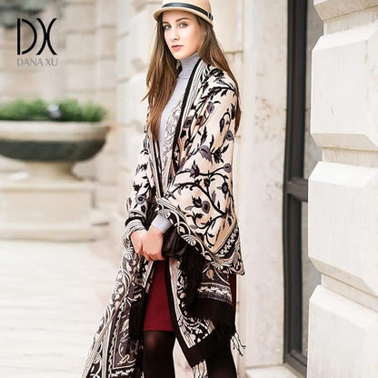 DANA XU 100% Merino Wool Extra Large Pashmina Blanket Travel Scarf Cashmere Wrap for Women Fall Winter Oversize Shawl Floral