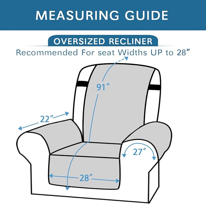 H.VERSAILTEX Reversible Quilted Recliner Covers Water Resistant Furniture Protector for Reclienr Chair with Elastic Straps for Pets Kids Sitting Width Up to 28"(Oversized Recliner, Gray/Beige)