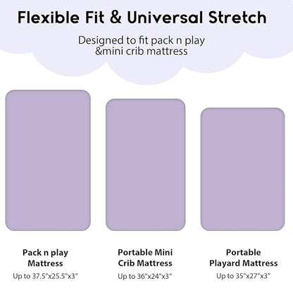 Yoofoss Pack and Play Sheets Fitted, Mini Crib Sheets 2-Pack for Pack N Play Mattress, Stretchy Playard Sheet, Soft and Breathable (Purple+Unicorn)