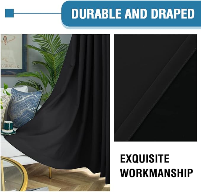 H.VERSAILTEX 100% Blackout Curtains for Bedroom Thermal Insulated Blackout Curtains 84 inch Length Heat and Full Light Blocking Window Drapes for Living Room with Black Liner 2 Panels Set, Jet Black