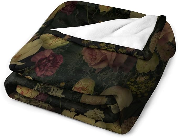 Black Floral Blanket, Rustic Watercolor Botanical Rose Peony Vintage Leaves Plant Boho Gothic Print Throw Blankets for Bed Living Room Bedding Couch Soft Decor, 50"x60"