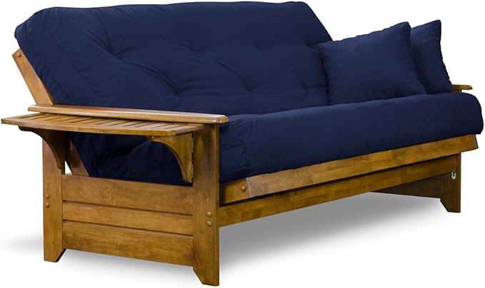 Nirvana Futons Brentwood Tray Arm Futon Sofabed Set - Full Frame, 8" Navy Blue Mattress, Rich Heritage Finish