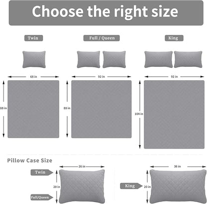 Easy-Going Twin Size Reversible Quilt Set with 1 Quilt and 1 Pillow Shams, Soft Bed Quilt Cover, Water Resistant Lightweight Microfiber Bedspread, Stain Resistant, Light Gray/Ivory