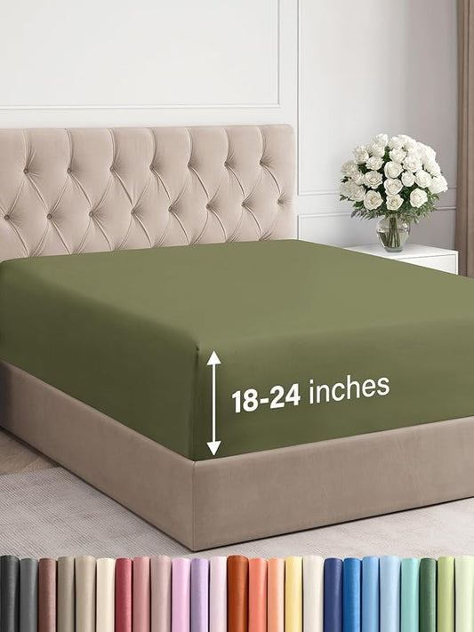 Extra Deep Cal King Fitted Sheet - Hotel Luxury Single Fitted Sheet Only - Easily Fits 18 inch to 24 inch Mattress - Ultra Soft, Wrinkle Free with Extra Deep Pockets - Breathable & Comfy - Sage Green