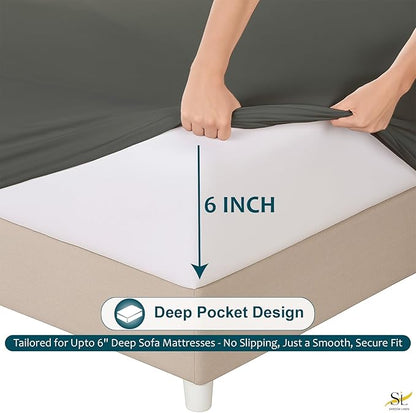 Luxury Queen Sleeper Sofa Bed Sheet Set,100% Egyptian Cotton, 338 Thread Count, Queen Size (60 x74 +6 Inch Deep Pocket) Soft and Light Weight 4pcs Sofa Set (Dark Grey Solid)