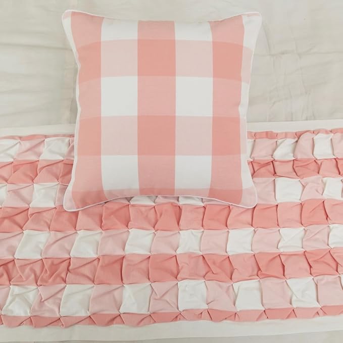 The HomeCentric King/Queen/Twin Peach Pink Decorative King 90"x18" Bed Runner Without Pillow Cover, Textured & Buffalo Checks Bed Scarf on Cotton Fabric - Buffalo Plaid Peach
