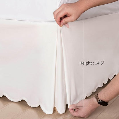 HIG Off-White Chic Full Bed Skirt - Easy Fit Scallop Edge Pleated Bedskirts, 14 Inch Drop Anti-Slip Dust Ruffle, Thick Fabric for Enhanced Privacy, Pre-Washed for Long-Lasting Use(N60022)