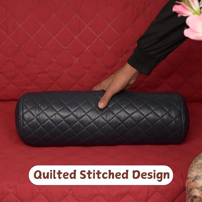 Neck Roll Pillow Cushion Cover, 16x6 Inch Full Moon Round Bolster Pillow Case, Cylinder Soft Lambskin Leather Pillowcase for Head, Spine & Neck Support During Sleep - Quilted Gun Metal Blue Pack of 1