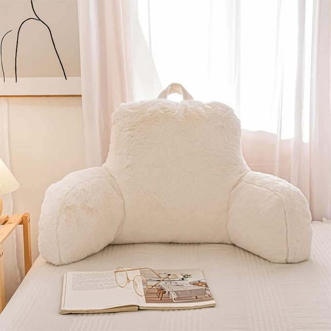 NTBED Reading Pillow Faux Fur Bed Wedge Backrest with Arms,Couch TV Relax Bed Rest Pillow Back Support Cushion for Kids Teens Boys Girls(Ivory)