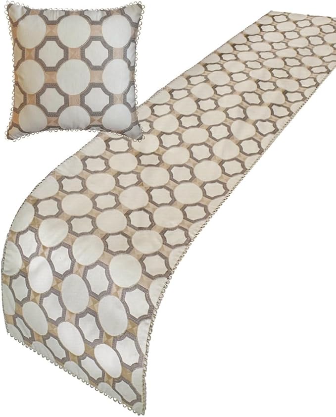 The HomeCentric King/Queen/Twin White, Beige & Grey Decorative Full 68"x18" Bed Runner with One Pillow Cover, Embroidered, Bouclet & Lace Bed Scarf on Cotton Fabric - Threaded Geometry