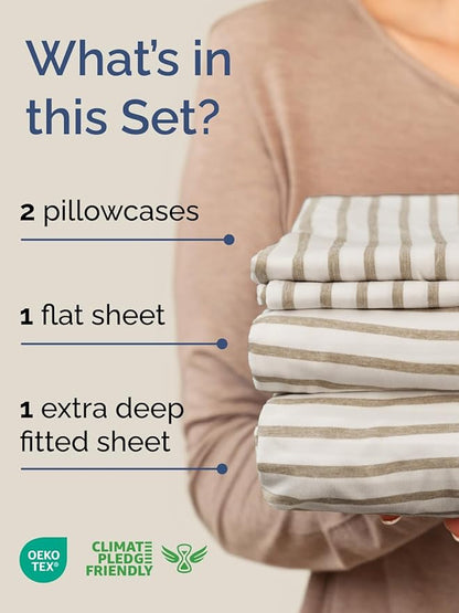 Extra Deep Pocket Queen Sheet Set - 4 Piece Breathable & Cooling Bed Sheets - Hotel Luxury Sheet Set - Soft, Wrinkle Free and Comfy - Fits Extra Deep Mattresses - Deep Pocket Beige Stripes 2 Sheets