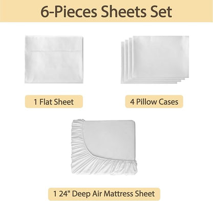 Air Mattress Sheet Set Full Size,6 Piece Deep Pocket Bed Sheet Set for 16-24 Inch Air Bed,Easy Inflate Access,Perfect for Guest Room, RV, Camping,White