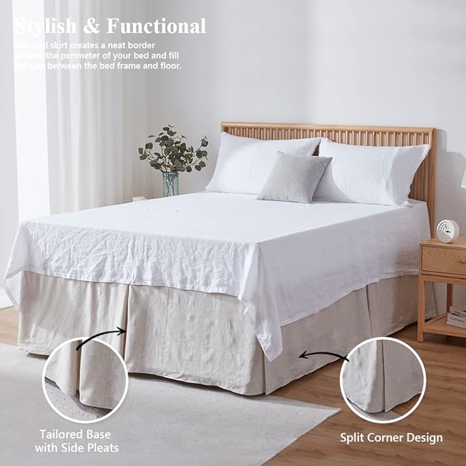 Simple&Opulence Belgian Linen Bed Skirt with Classic 14 inch Tailored Drop Dust Ruffle, Easy Fit Breathable Premium Natural Flax- Basic Linen, Queen