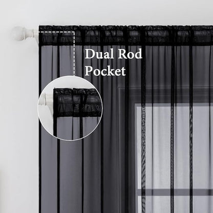 MIULEE 2 Panels Solid Color Sheer Window Curtains Elegant Halloween Window Voile Panels/Drapes/Treatment for Bedroom Living Room (54X96 Inches Black)