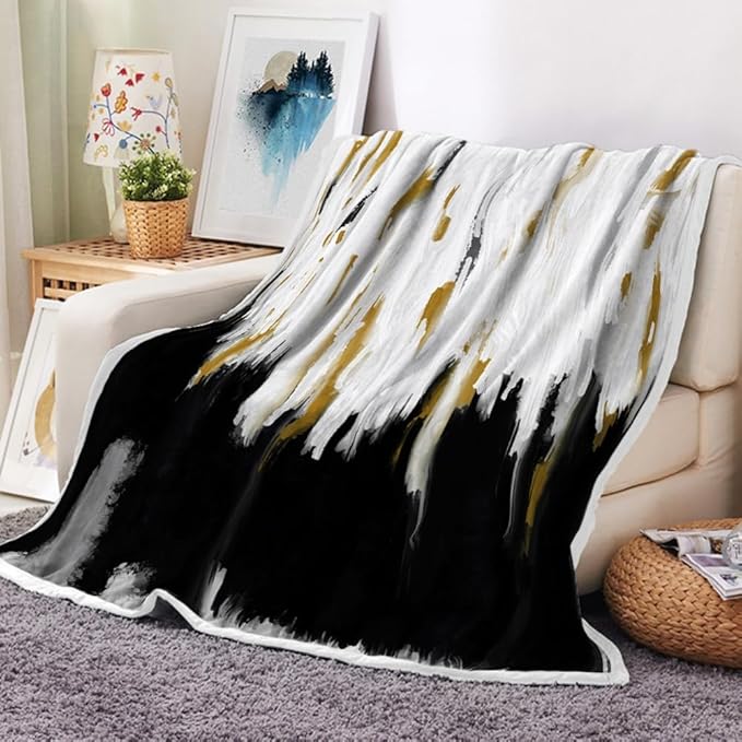Abstract Ombre Throw Blankets, Modren Chic Art Oil Painting Cozy Warm Bed Couch Blanket, Black Gold White Fleece Flannel Throws to Decorate The Room and Bedroom