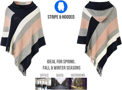 Ferand Women's Striped Poncho Sweater Cozy Knit Fringe Shawl Wraps for Fall Winter