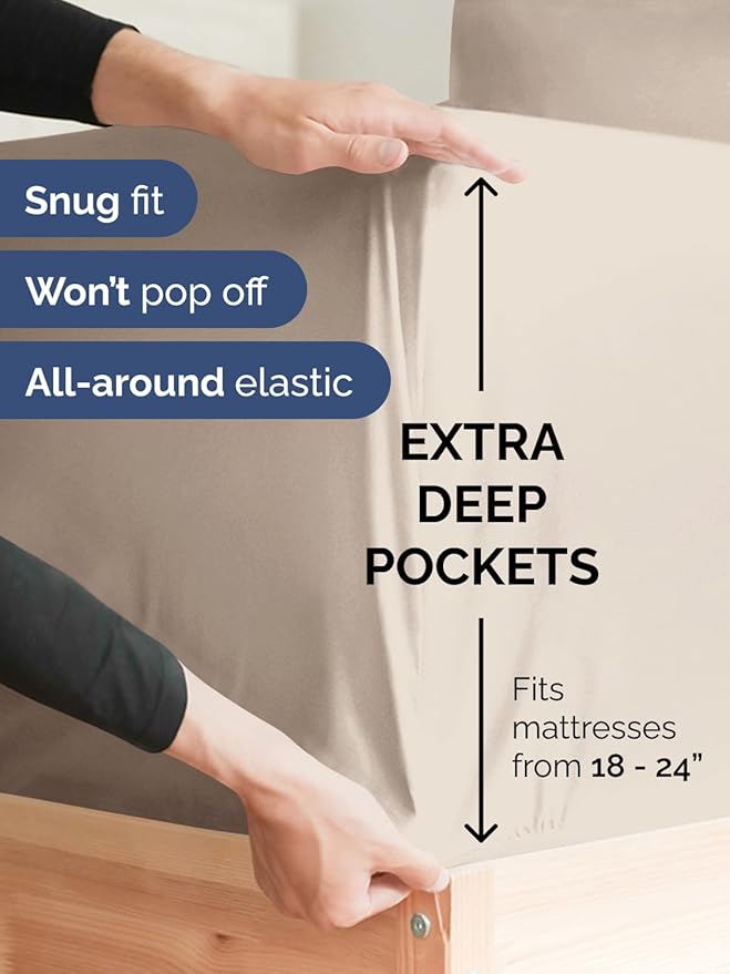 Extra Deep Twin Fitted Sheet - Hotel Luxury Single Fitted Sheet Only - Easily Fits 18 inch to 24 inch Mattress - Ultra Soft, Wrinkle Free w/Extra Deep Pockets - Easy-Care, Breathable & Comfy - Wheat