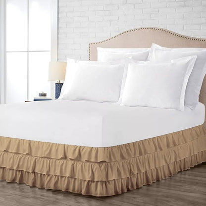 Multi-Ruffle Bed Skirt, Soft Multi Elastic Dust Ruffles with Wrap Around Bed Skirt Easy Fit with 18 Inch Drop 100% Cotton 800 Thread Count (Full XL, Taupe)
