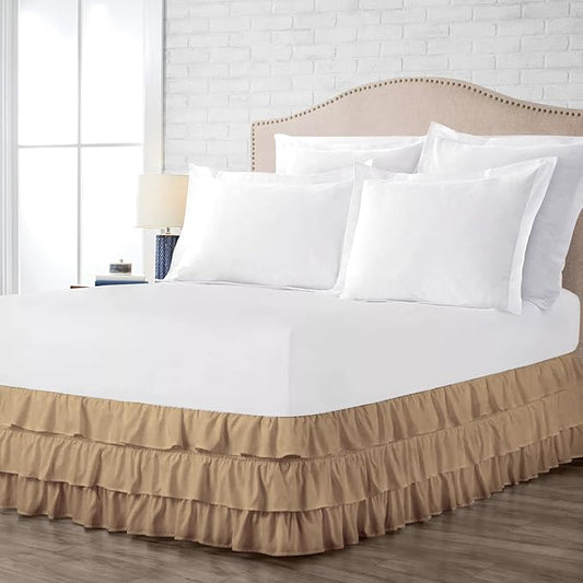 Multi-Ruffle Bed Skirt, Soft Multi Elastic Dust Ruffles with Wrap Around Bed Skirt Easy Fit with 18 Inch Drop 100% Cotton 800 Thread Count (Queen XL, Taupe)