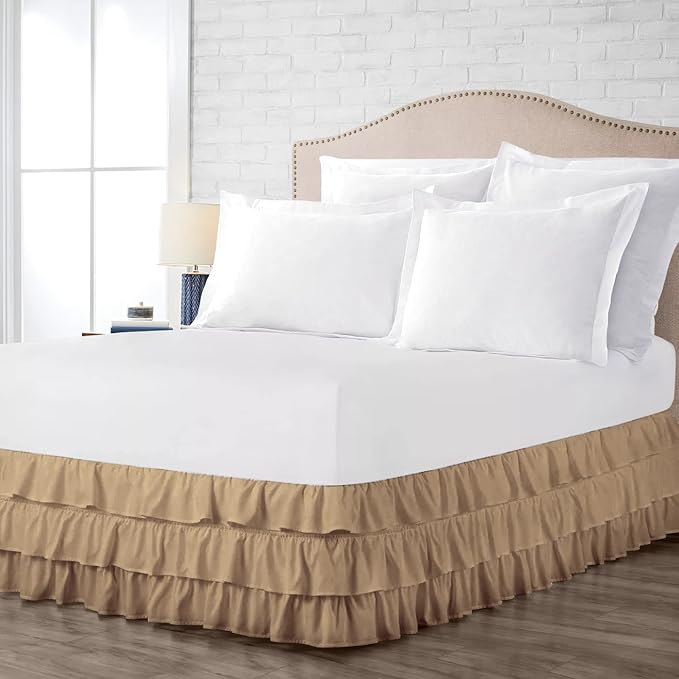 Multi-Ruffle Bed Skirt, Soft Multi Ruffle Bed Skirt Elastic Dust Ruffles with Wrap Around Bed Skirt Easy Fit with 18 Inch Drop 100% Cotton 800 Thread Count Bed Skirt (Short Queen, Taupe)