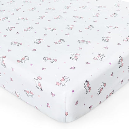 Girl Crib Sheets 4-Pack, Fitted Sheets 52'' x 28'' for Standard & Toddler Mattress, Soft Breathable Material, Neutral & Pink