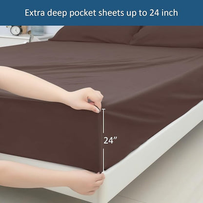 California King Sheet Sets for Air Mattress - Extra Deep Pocket Cal King Sheet Set - 3Pcs Side Storage Pocket Fitted Sheet & Pillowcases Easily Fits 16in to 24in Pillow Top Air Bed Mattress - Brown