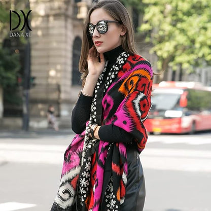 DANA XU 100% Merino Wool Extra Large Pashmina Blanket Travel Scarf Cashmere Wrap for Women Fall Winter Oversize Shawl Floral