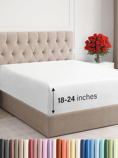 Extra Deep King Fitted Sheet - Hotel Luxury Single Fitted Sheet Only - Easily Fits 18 inch to 24 inch Mattress - Ultra Soft, Wrinkle Free w/Extra Deep Pockets - Easy-Care, Breathable & Comfy - White
