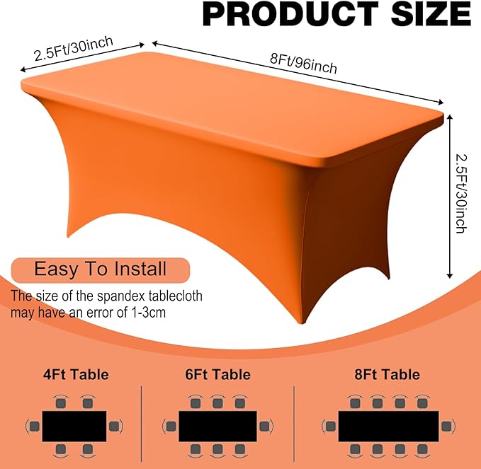 Trlyc 2 Pack 8FT Spandex Table Cloth - 96 x 30 Inch Rectangular Stretch Tablecloth, Wrinkle Resistant Scretch Table Cover for Wedding, Party, Banquet, Picnic, Outdoor Decoration (2Pcs,Orange)