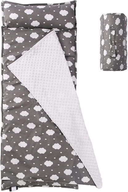 Toddler Nap Mat with Pillow and Minky Blanket,Soft Rolled Napping Mats for Boys and Girls,Lightweight Daycare,Preschool,Travel Toddler Sleeping Slumber Bags-50×20”(Cloud)