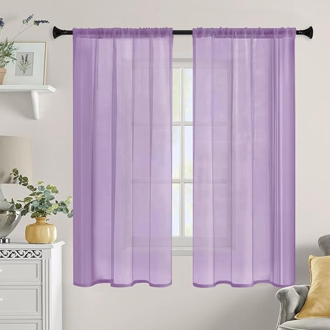 Sheer Curtains 72 Inches Long 2 Panels, Rod Pocket Short Curtain for Kitchen, Bedroom, Cafe Window(Lavender 38" W x 72" L)
