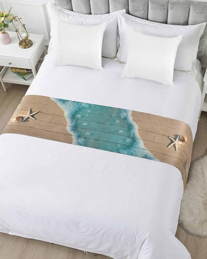 Coastal Ocean Starfish and Shell Sand Bed Runners for Bedroom Hotel,Decorative Bedding Scarf The Beach is My Happy Place Bed End Blanket Bedding Runner Scarves for Full Size Bed,83x20in