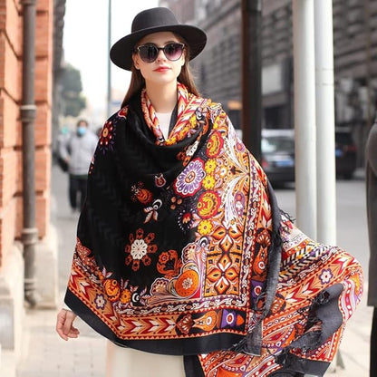 DANA XU 100% Merino Wool Pashmina Shawl for Women 96"x43", Oversized Cashmere Wrap with Tassels, Floral Travel Blanket Cape