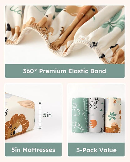Pack and Play Sheets Fitted 3 Pack, Mini Crib Sheets for Pack N Play Mattress Stretchy Portable Playard Sheets, Soft Breathable Green & Apricot Lion