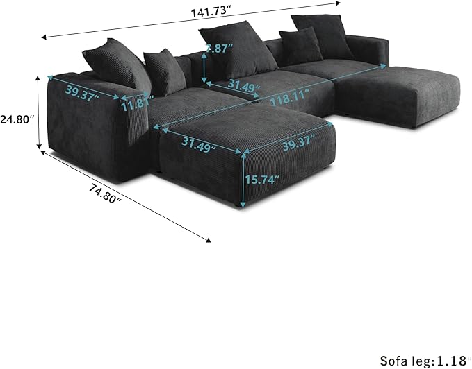 JACH 141" Oversized Modular Sectional Sofa, Deep 3-Seats Sectional Couch with Chaise Ottomans, Huge Plus Convertible Soft Sofas, Corduroy Minimalist Couches for Living Room, Apartment, Black