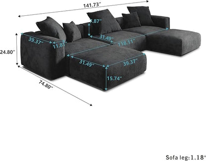 JACH 141" Oversized Modular Sectional Sofa, Deep 3-Seats Sectional Couch with Chaise Ottomans, Huge Plus Convertible Soft Sofas, Corduroy Minimalist Couches for Living Room, Apartment, Black