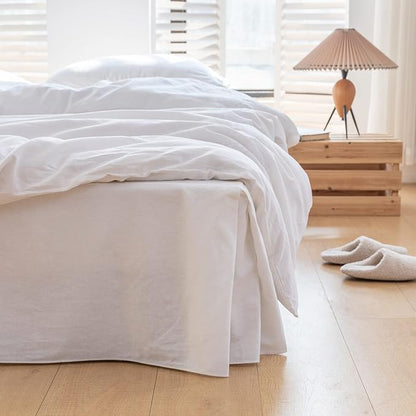 BISELINA French Linen Bed Skirt with Pleated Corner 14-Inch Tailored Drop Natural Flax Cotton Blend Basic Dust Ruffle Soft Cozy Farmhouse Bedding (14" Queen, Basic White)