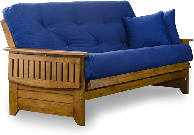 Nirvana Futons Brentwood Tray Arm Futon Sofabed Set - Queen Frame, 8" Royal Blue Mattress, Rich Heritage Finish