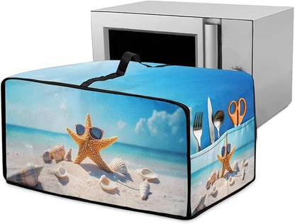 Dust Cover for Microwave Oven Heavy Duty Microwave Oven Cloth Cover with Storage Pockets Foldable Dust-Proof Kitchen Appliance Protector, Starfish Sunglasses Beach Seashell Print, L