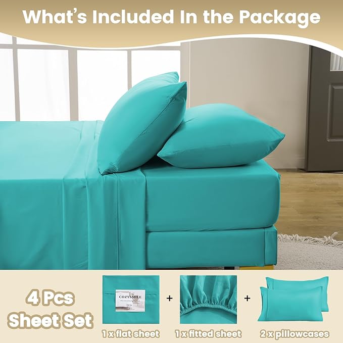 Silky Soft Queen Size Sheet Set - Luxury 4 Piece Breathable Cooling Sheets for Queen Size Bed, 16" Deep Pocket Easy Care Wrinkle Free Bedding Sheet and Pillowcase Set, Turquoise