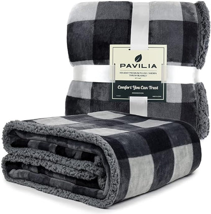 PAVILIA Winter Cabin Sherpa Throw Blanket, Soft Fleece Cozy Grey Christmas Reversible Blanket 50"x60", Warm Plush Rustic Plaid Throw for Couch, Bed, for Family, Friends